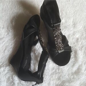 Patrizia by Spring Step Poppy Sandals Black Zip Heel Wedge Shoes Sz 36 US Sz 6‎